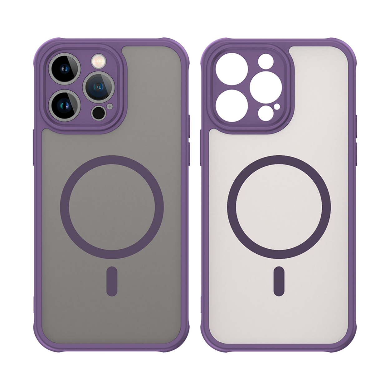 Twee telefoonhoesjes. De hoesjes zijn paars en wit met een transparante matte afwerking en een cirkel.