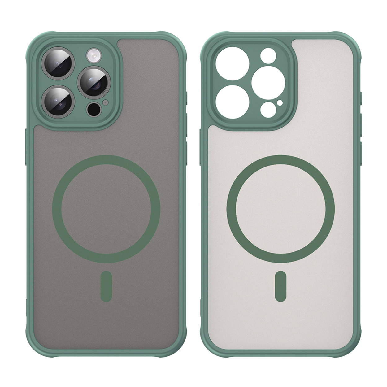 Twee telefoonhoesjes. De hoesjes zijn groen en wit met een transparante matte afwerking en een cirkel.