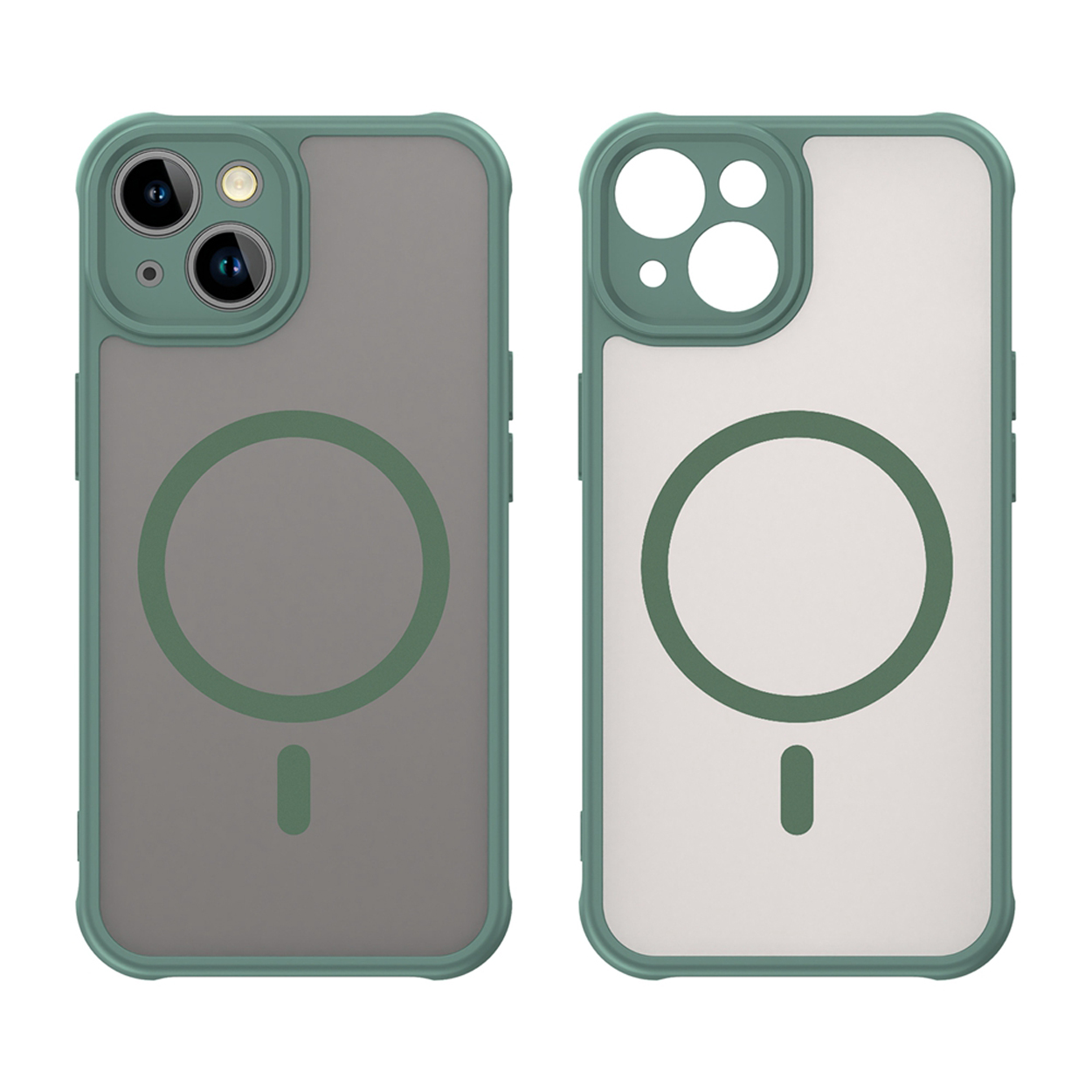 Twee telefoonhoesjes. De hoesjes zijn groen en wit met een transparante matte afwerking en een cirkel.