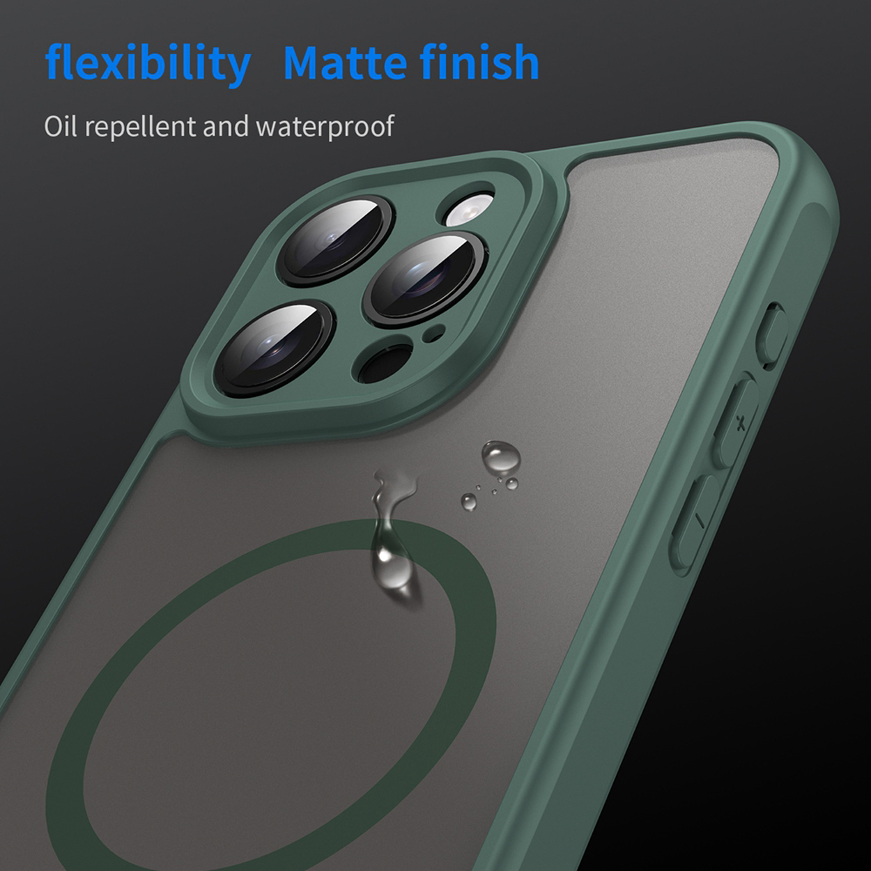 Een groen telefoonhoesje met een matte afwerking. Waterdruppels zijn zichtbaar op het oppervlak.