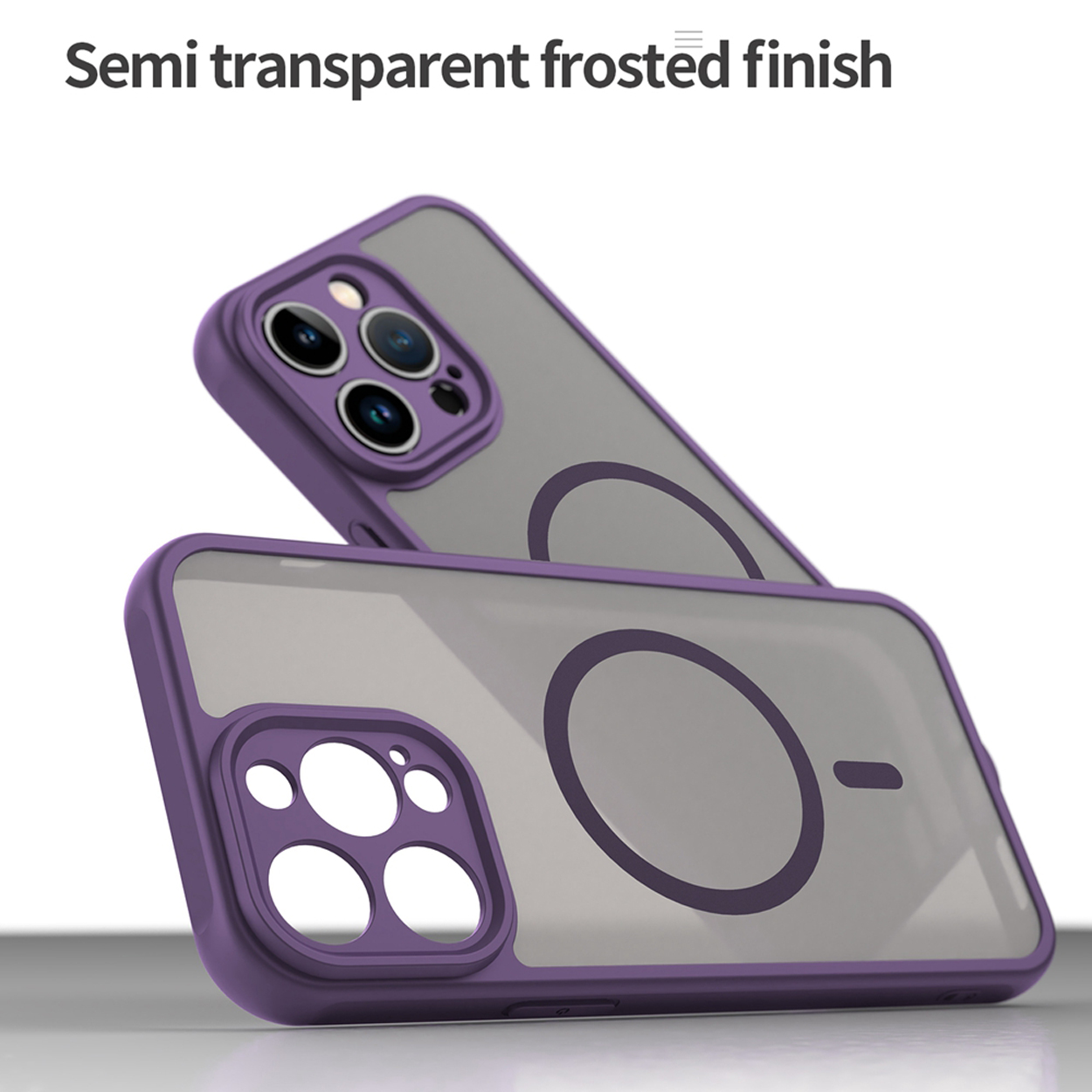 Twee telefoonhoesjes. Eén staat bovenop de ander. Beide hoesjes zijn paars en hebben een transparante matte afwerking.