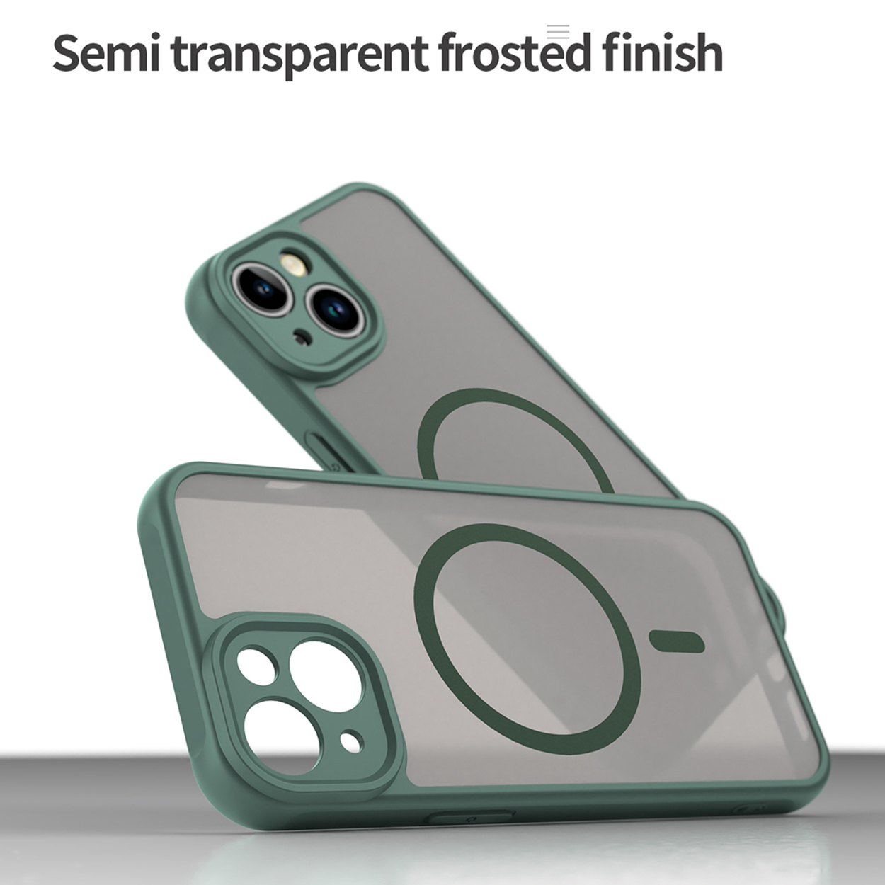 Twee telefoonhoesjes. Eén staat bovenop de ander. Beide hoesjes zijn groen en hebben een transparante matte afwerking.