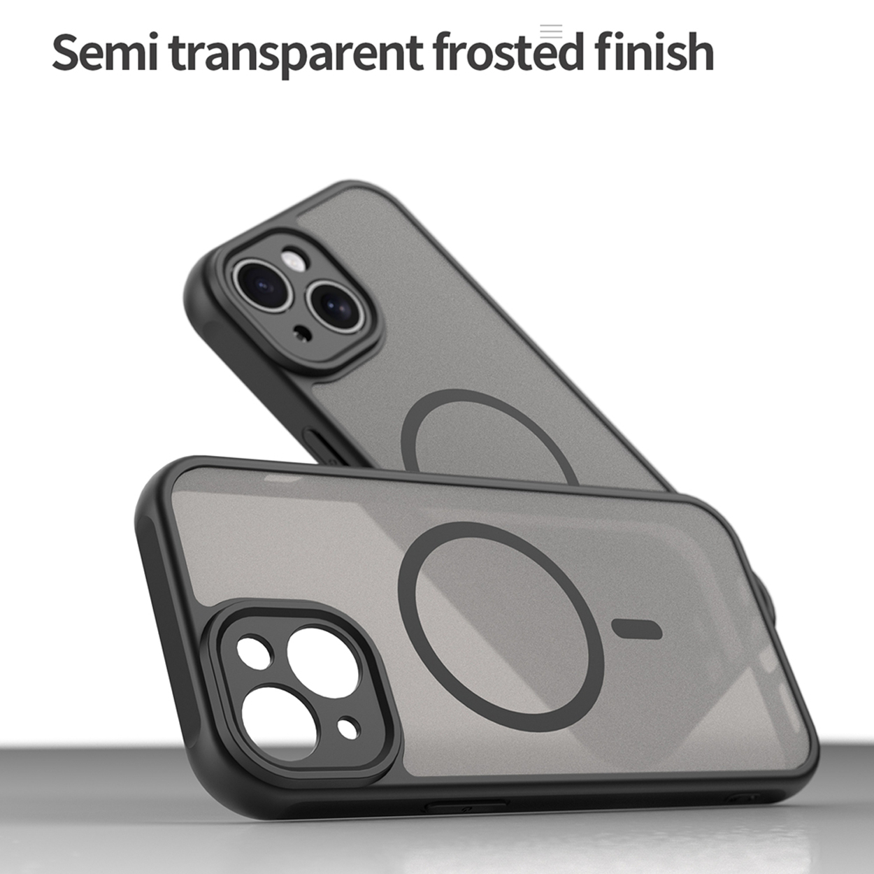Two phone cases on the top of each other. The color is black, and the back is gray.