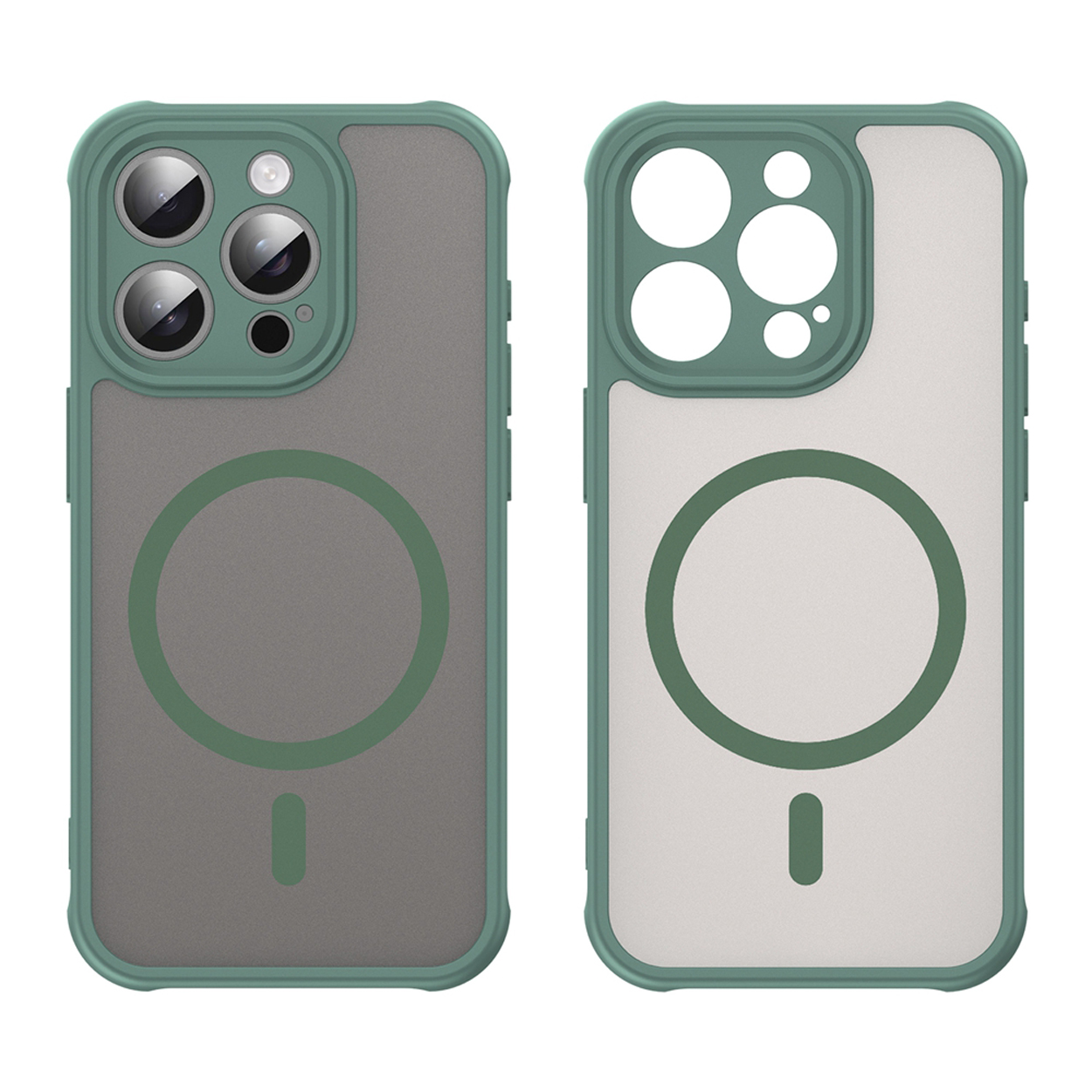 Deux coques de téléphone. Les coques sont vertes et blanches avec une finition givrée transparente et un cercle.