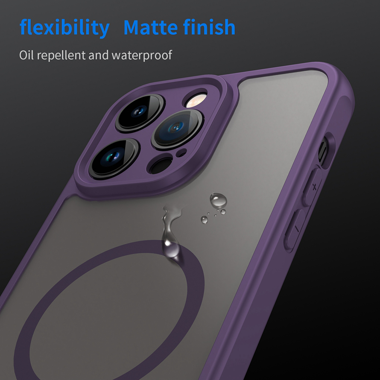 Een paars telefoonhoesje met een matte afwerking. Waterdruppels zijn zichtbaar op het oppervlak.