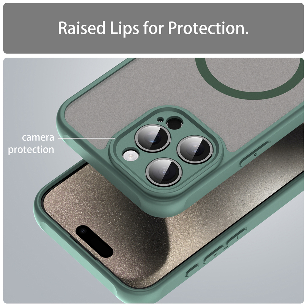 Een groen telefoonhoesje met de camerabescherming gemarkeerd. De achterkant van de telefoon is grijs.