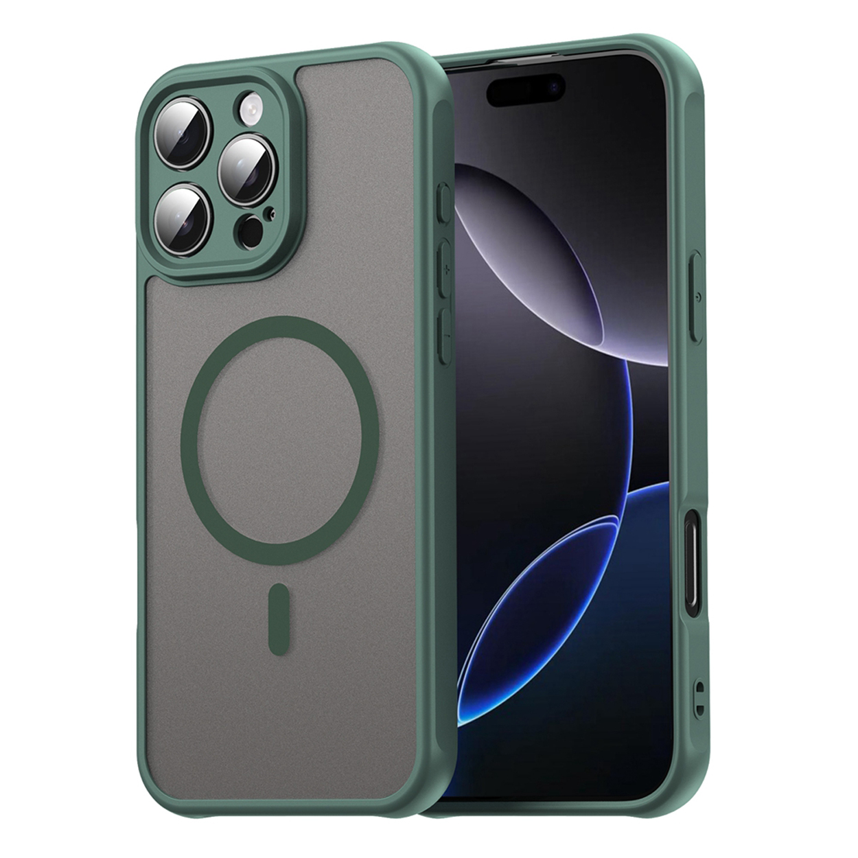 Une coque de téléphone à côté d'un téléphone. La coque est verte avec une finition givrée transparente et une forme de cercle.