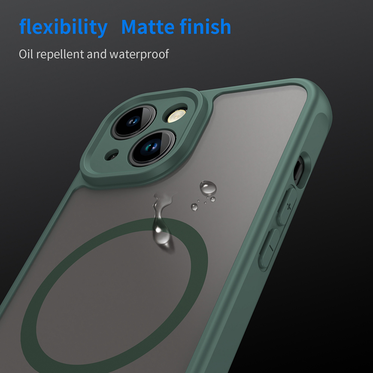 Groene telefoonhoes met een transparante achterkant. Waterdruppels vallen. De hoes heeft een matte afwerking.