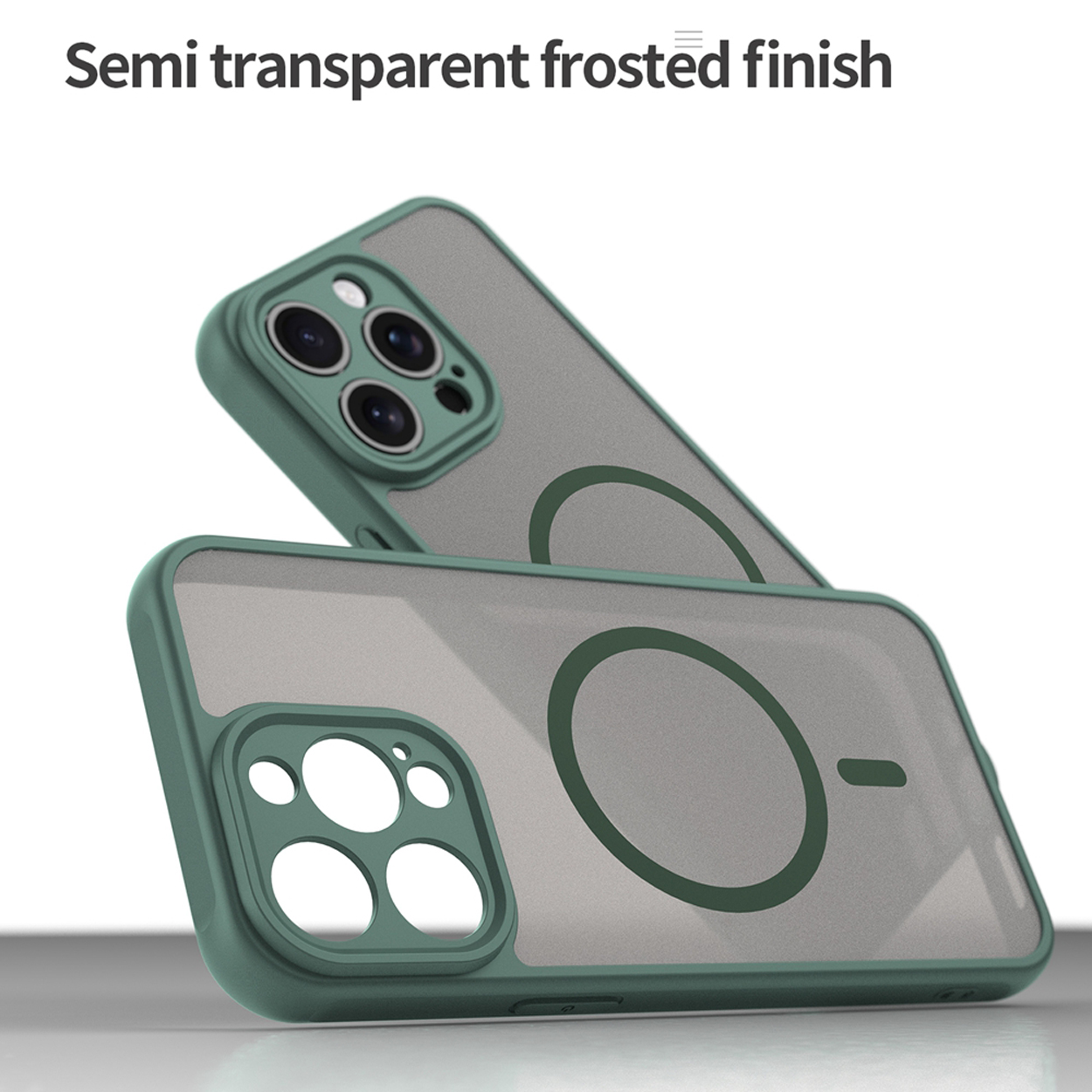 Twee telefoonhoesjes. Eén staat bovenop de ander. Beide hoesjes zijn groen en hebben een transparante matte afwerking.