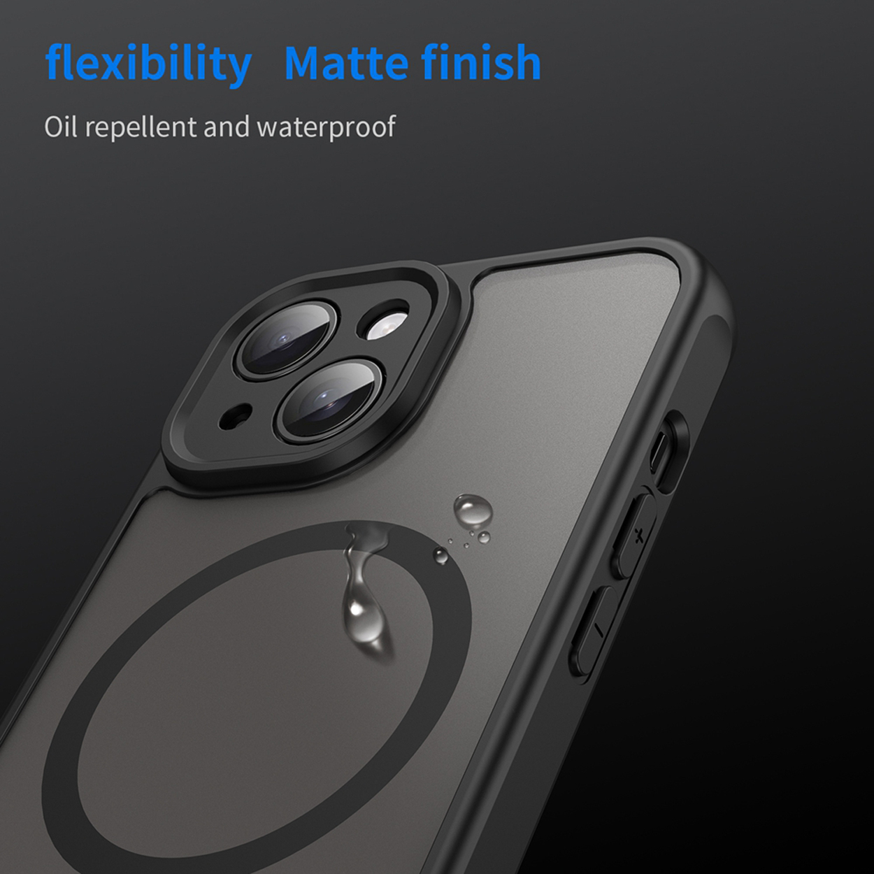 Close up of a phone case with water droplets. The case is black, has a matte finish and a circle shape.
