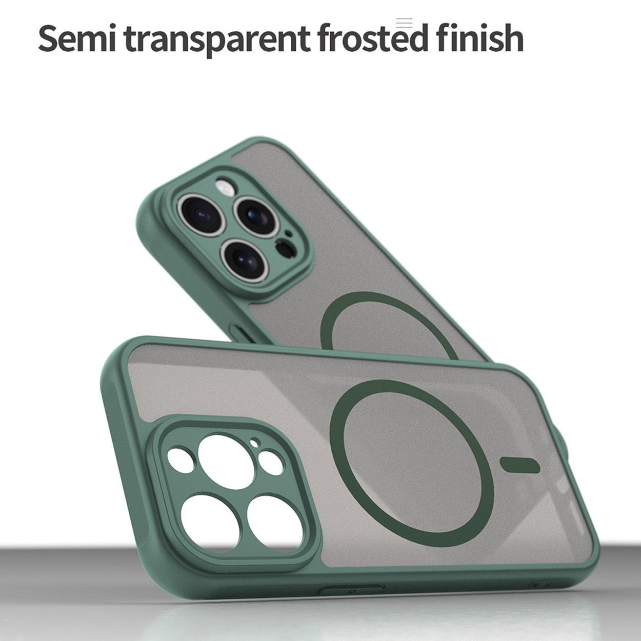 Deux coques de téléphone. L'une est placée sur l'autre. Les deux coques sont vertes et ont une finition givrée transparente.