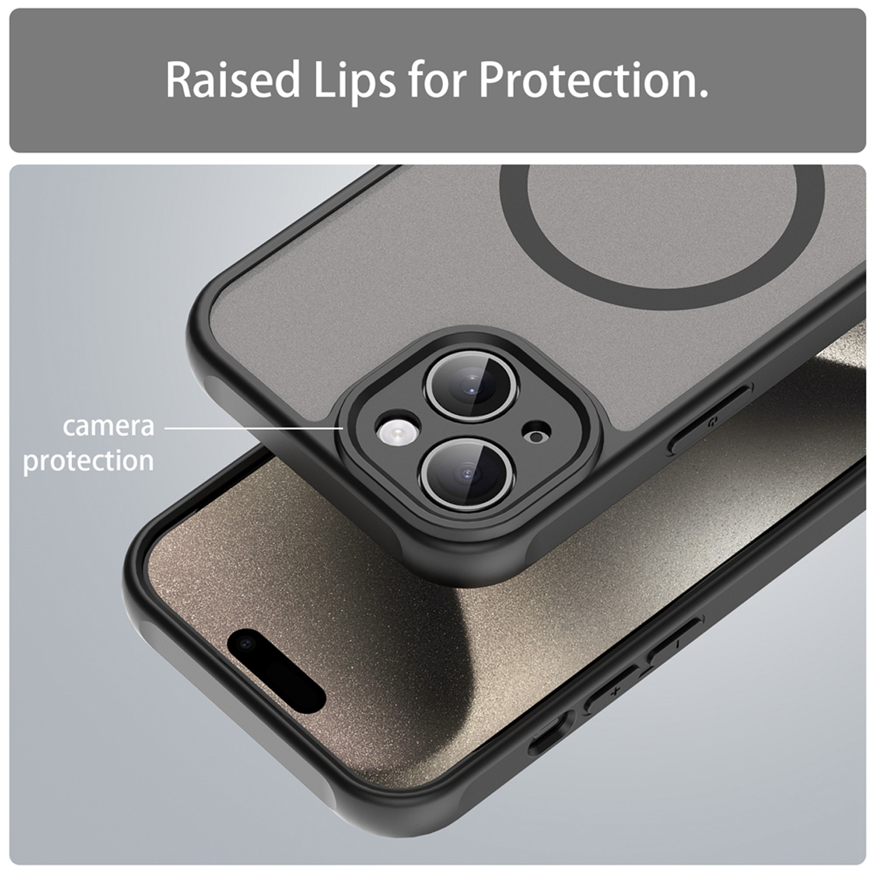Close up of phone case. The case is black and has a camera protection around the camera lenses.