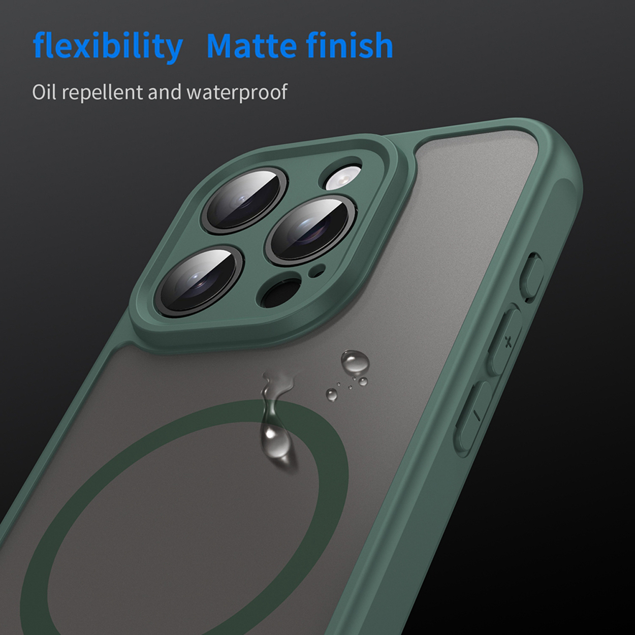 Gros plan d'une coque de téléphone verte avec un dos transparent. Gouttes d'eau sur la coque. Mots : flexibilité, finition mate, oléofuge, imperméable.
