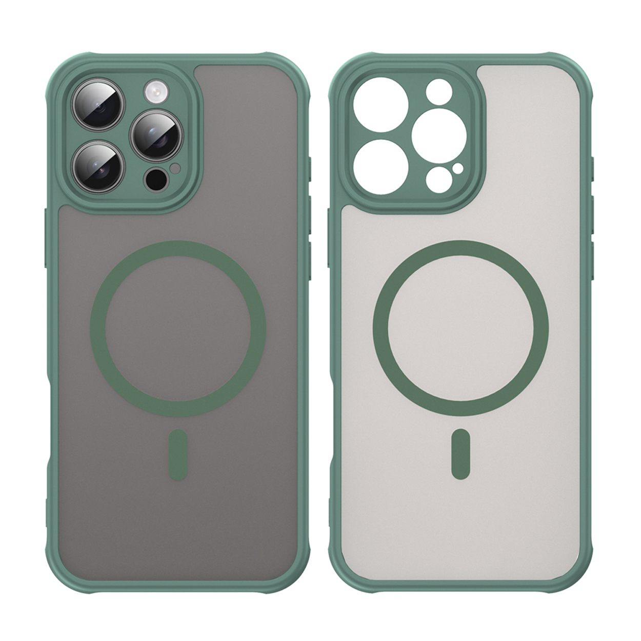 Deux coques de téléphone. Les coques sont vertes et blanches avec une finition givrée transparente et un cercle.