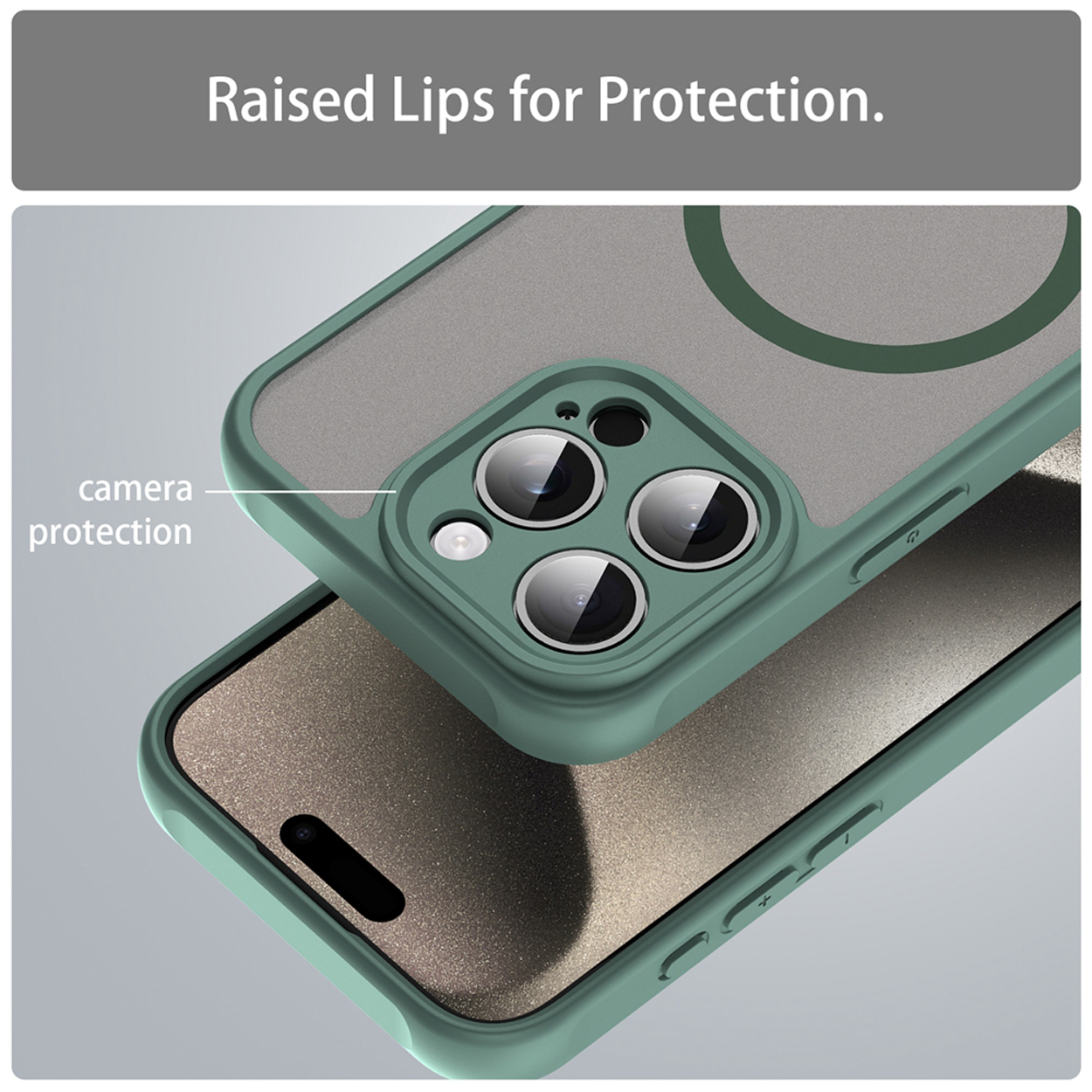 Coque de téléphone verte, l'une sur l'autre. Le téléphone est doré. La protection de la caméra est visible.