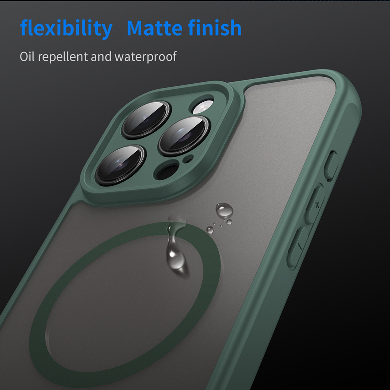 Gros plan sur une coque de téléphone avec des gouttes d'eau. La coque est verte, a une finition mate et une forme de cercle.
