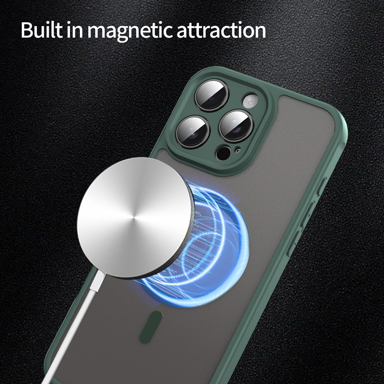 Une coque de téléphone avec un chargeur magnétique argenté attaché. Il y a un anneau bleu brillant autour.