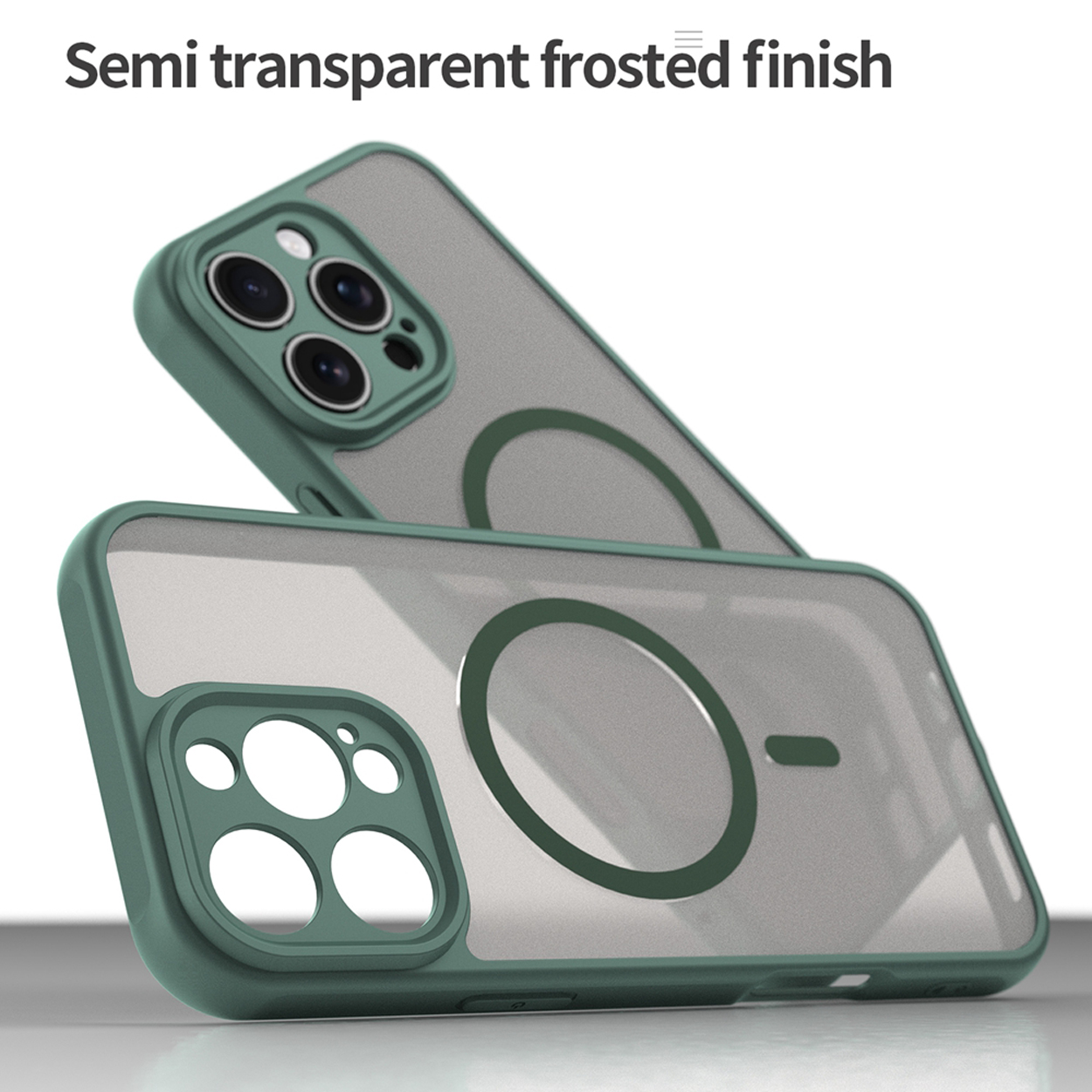 Deux coques de téléphone vertes, l'une sur l'autre. Elles sont toutes les deux transparentes avec une finition givrée.