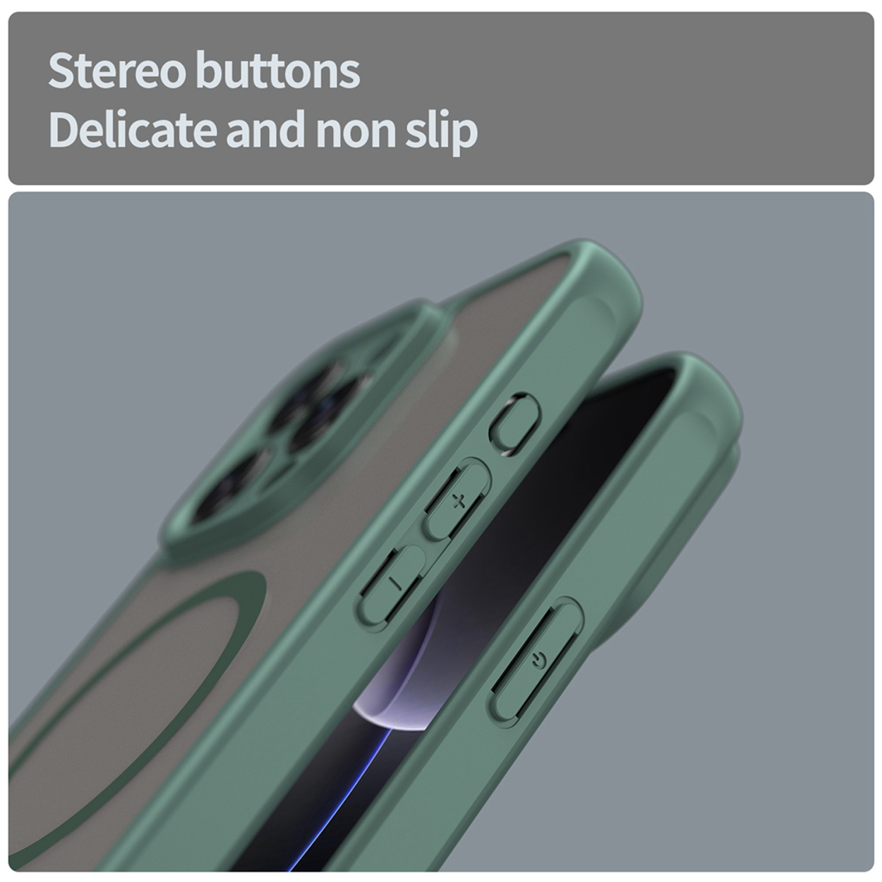 Gros plan sur deux coques de téléphone. L'une est verte, montrant le côté avec les boutons. Le fond est de couleur grise unie.