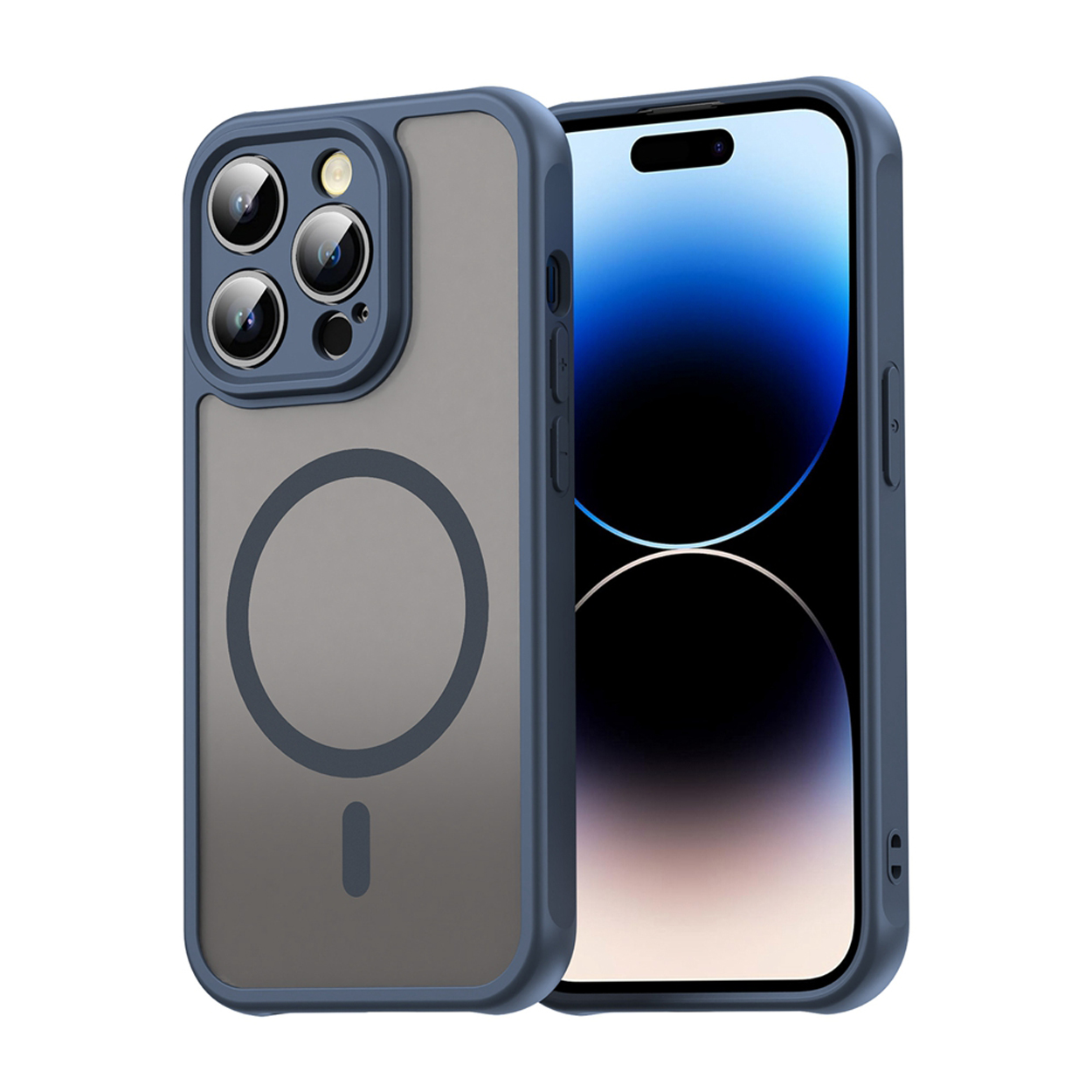 Coque de téléphone avec un cadre bleu, un dos gris et un téléphone avec écran, boutons sur le côté. Le téléphone est à gauche.