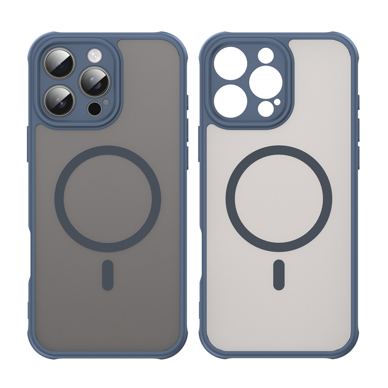 Deux coques de téléphone côte à côte, avec des cadres bleus et des dos gris. Elles montrent différents côtés avec un motif circulaire.