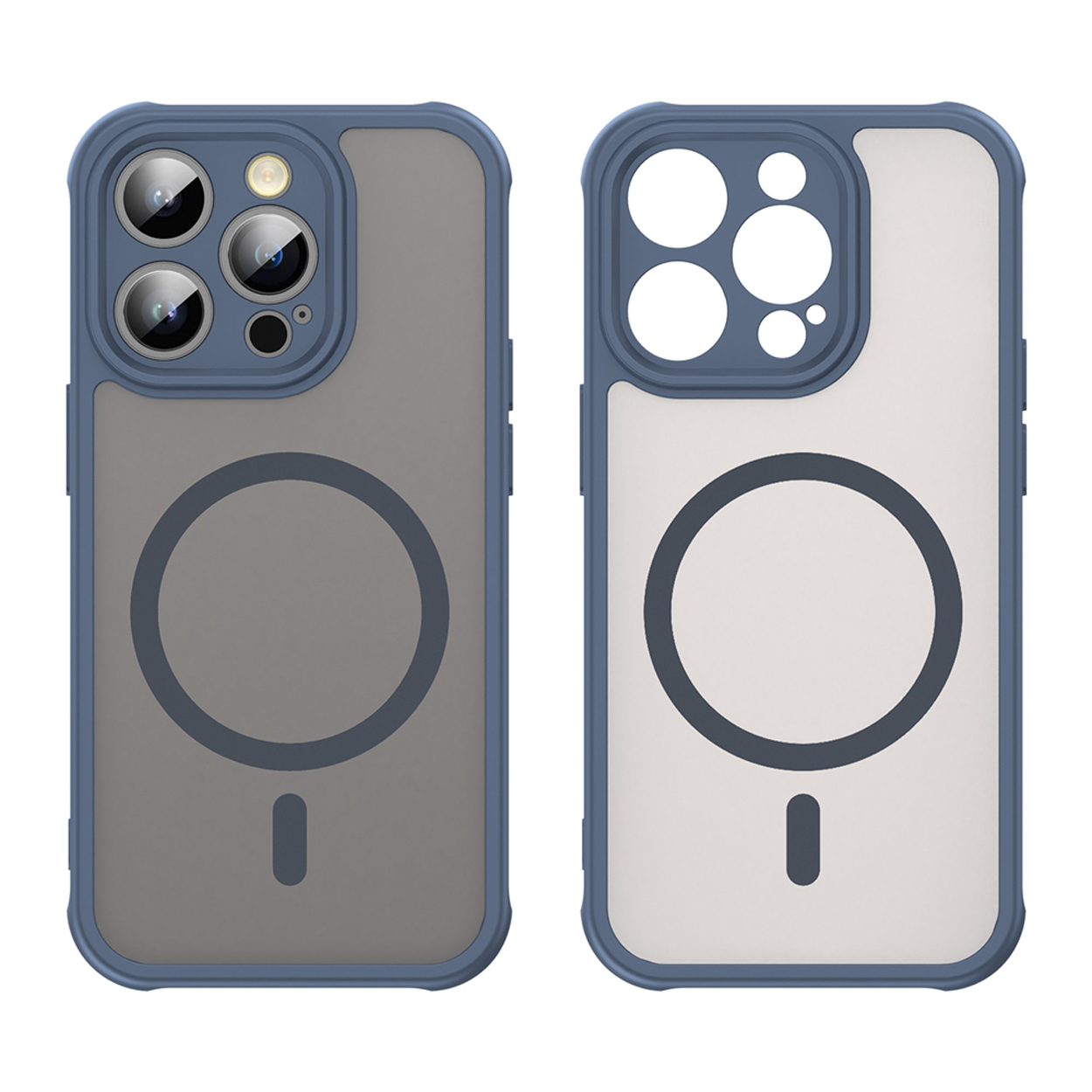 Coque de téléphone bleue. Le téléphone est noir. La coque a un dos transparent.