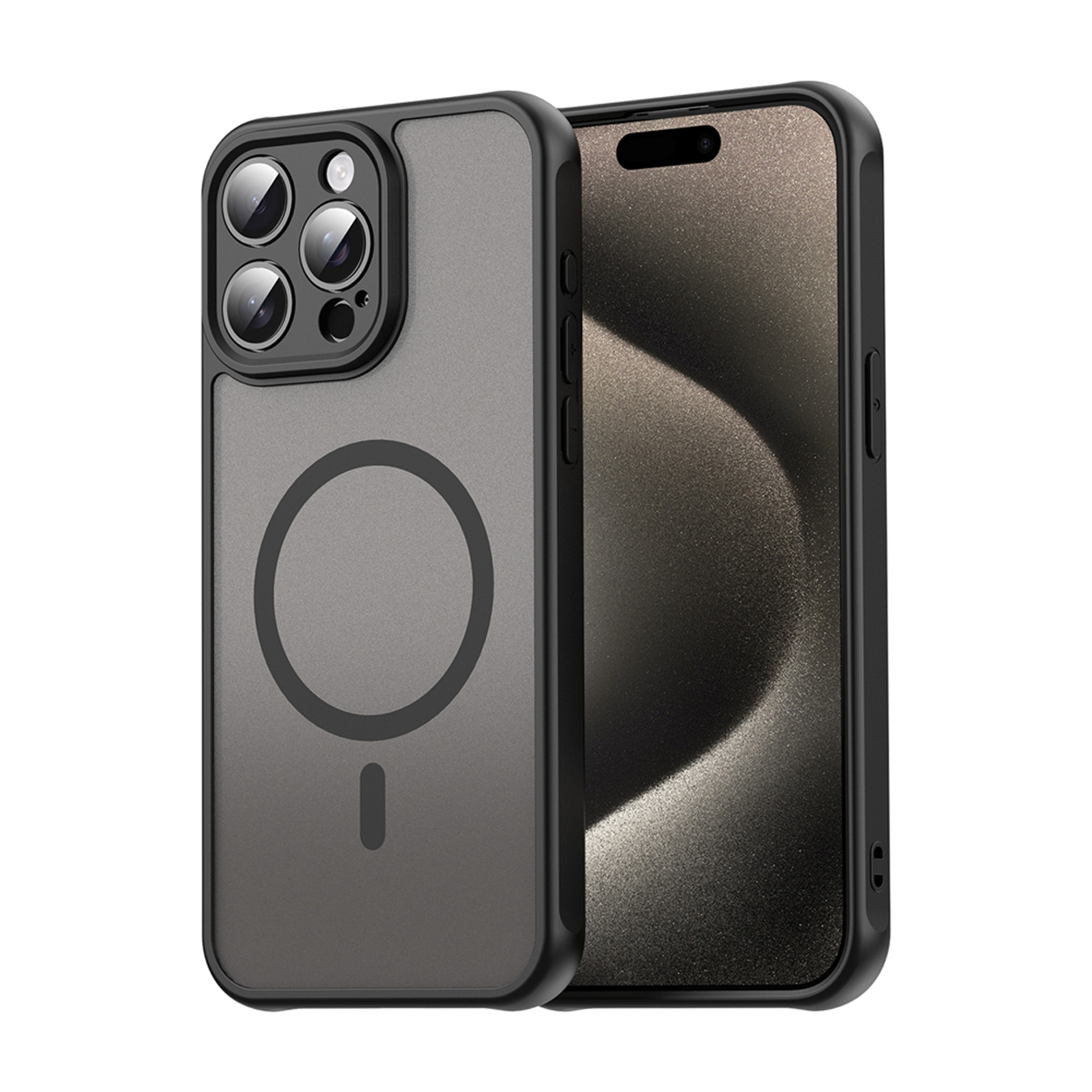 Telefoonhoesje met een zwart frame, grijze achterkant en een telefoon met scherm, knoppen aan de zijkant. De hoes zit links.