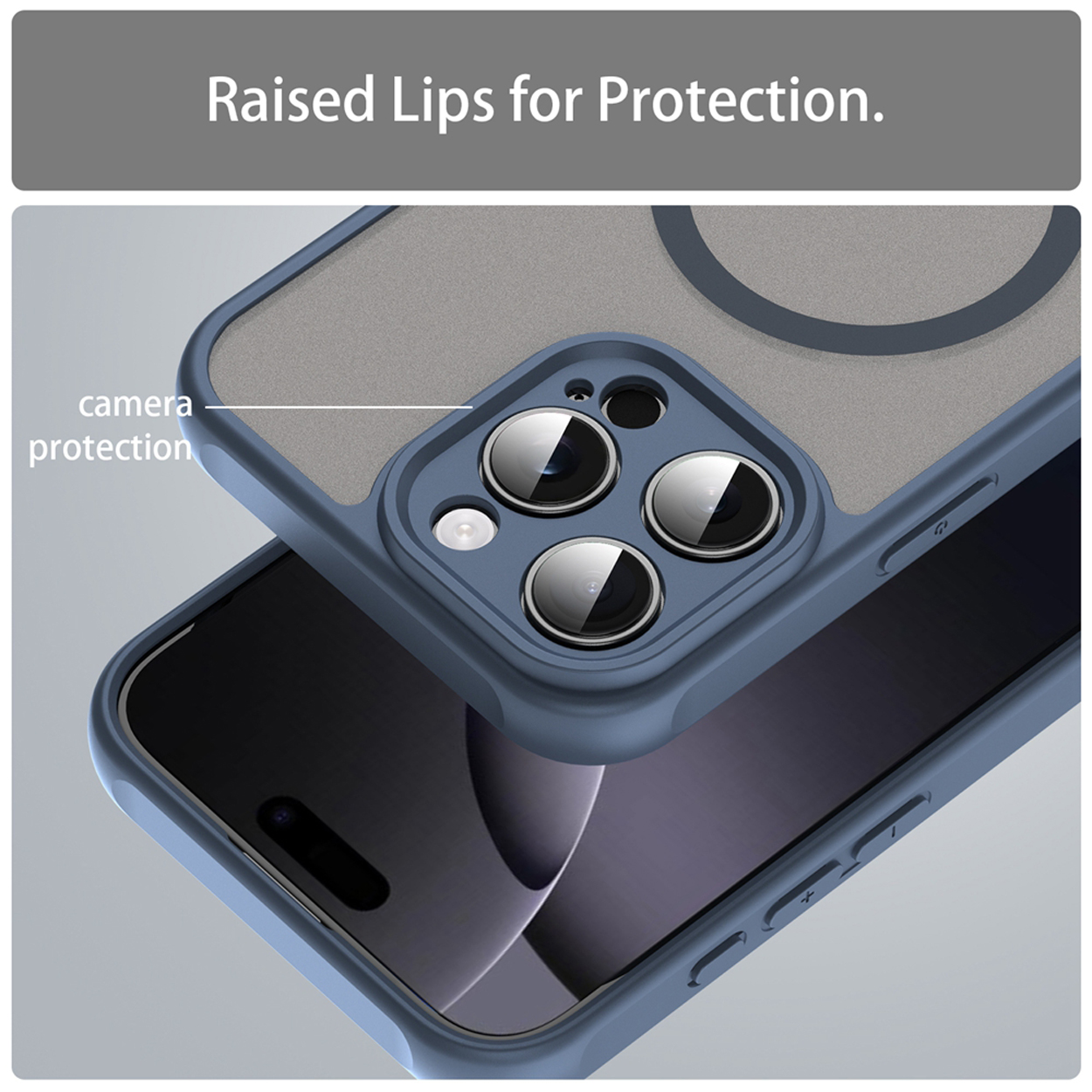 Coque de téléphone bleue avec dos gris, protection caméra et rebord relevé.