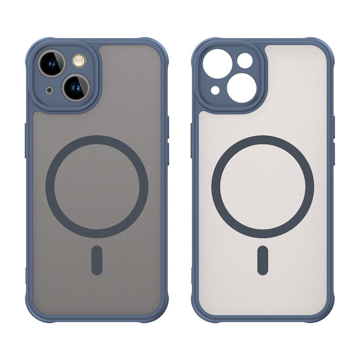 Twee telefoonhoesjes naast elkaar, met blauwe frames en grijze achterkanten. Ze tonen verschillende kanten met een cirkelvormig ontwerp.