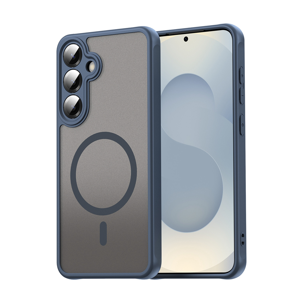 Telefoonhoesje met een blauw frame, grijze achterkant en een telefoon met scherm, knoppen aan de zijkant. De telefoon staat rechts.