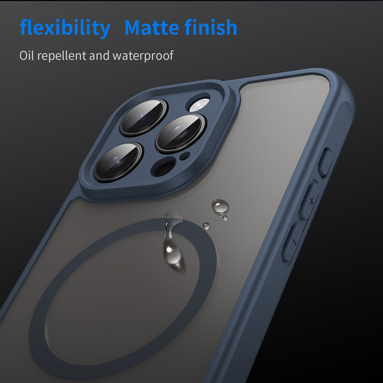 Coque avec cadre bleu, dos gris et goutte d'eau. Finition mate et flexible.