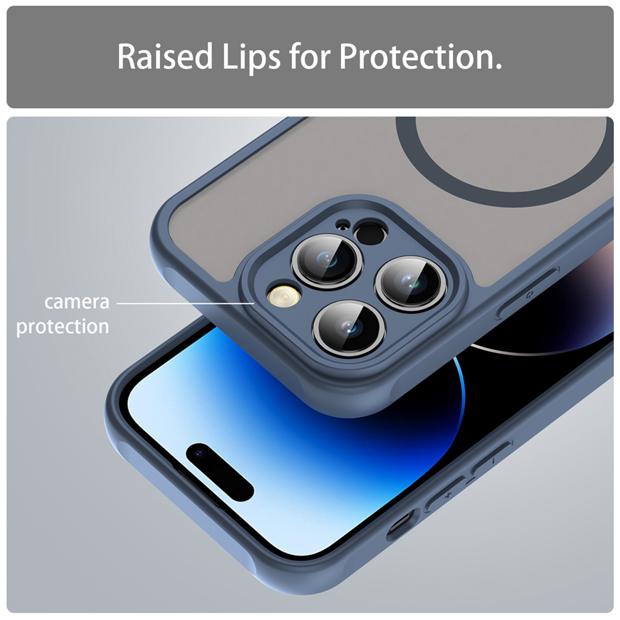 Coque de téléphone avec un cadre bleu, un dos gris et une protection d'appareil photo. Une autre coque en dessous, montrant un écran de téléphone.