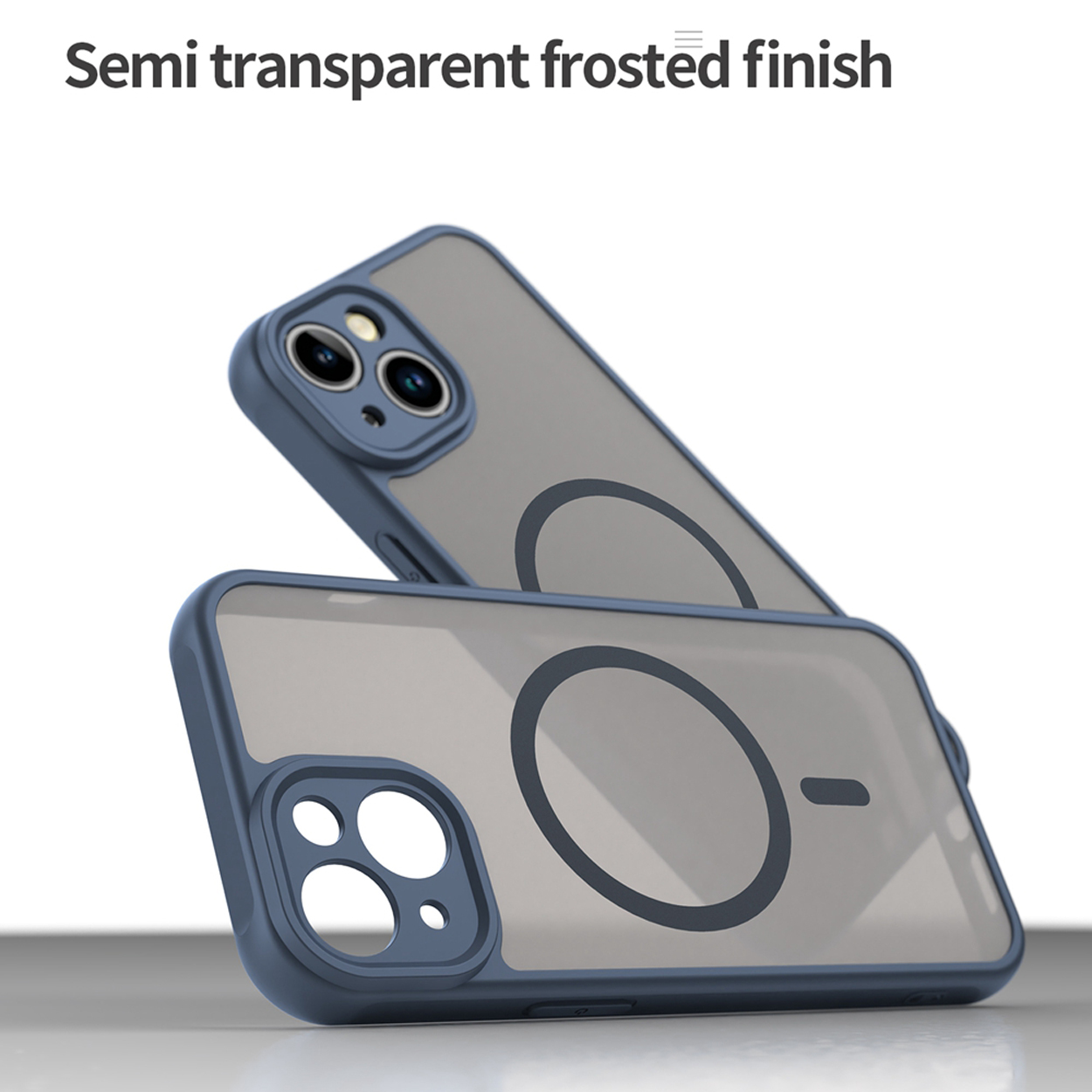 Twee blauwe telefoonhoesjes met semi-transparante grijze achterkant, zwarte cirkel en camera.