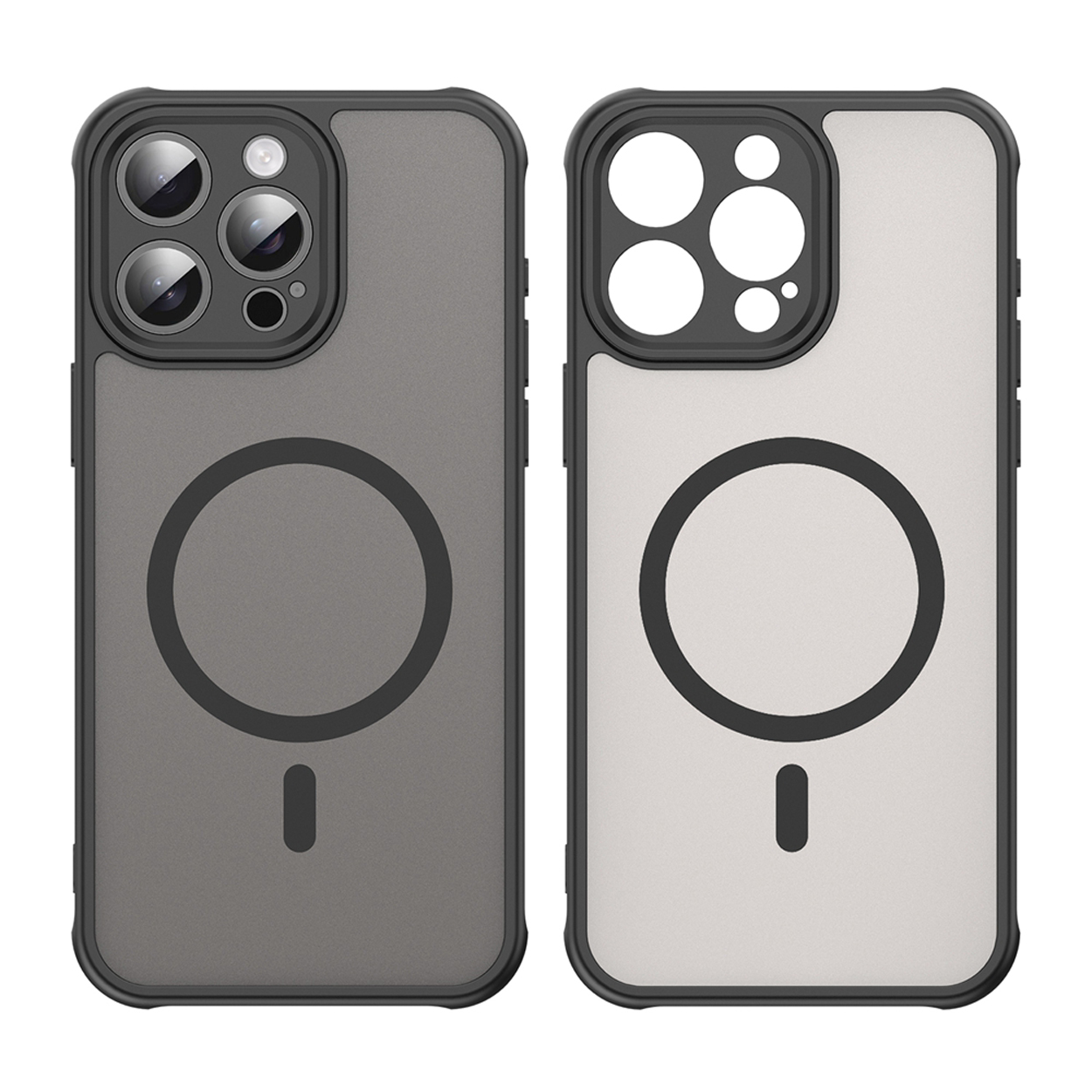 Twee telefoonhoesjes, één grijs en één wit, met zwarte cirkels.