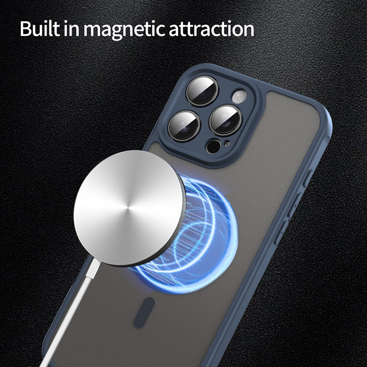 Coque de téléphone sur surface noire. Chargeur magnétique argenté attaché. Lueur bleue autour du téléphone. Coque bleue. Texte : Attraction magnétique intégrée.