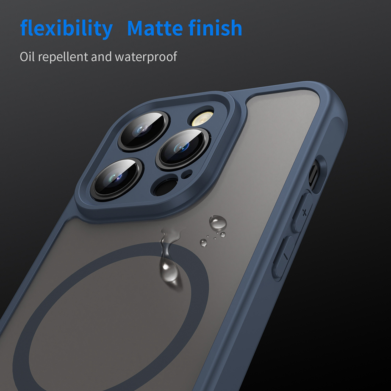 Coque avec cadre bleu, dos gris et goutte d'eau. Finition mate et flexible.