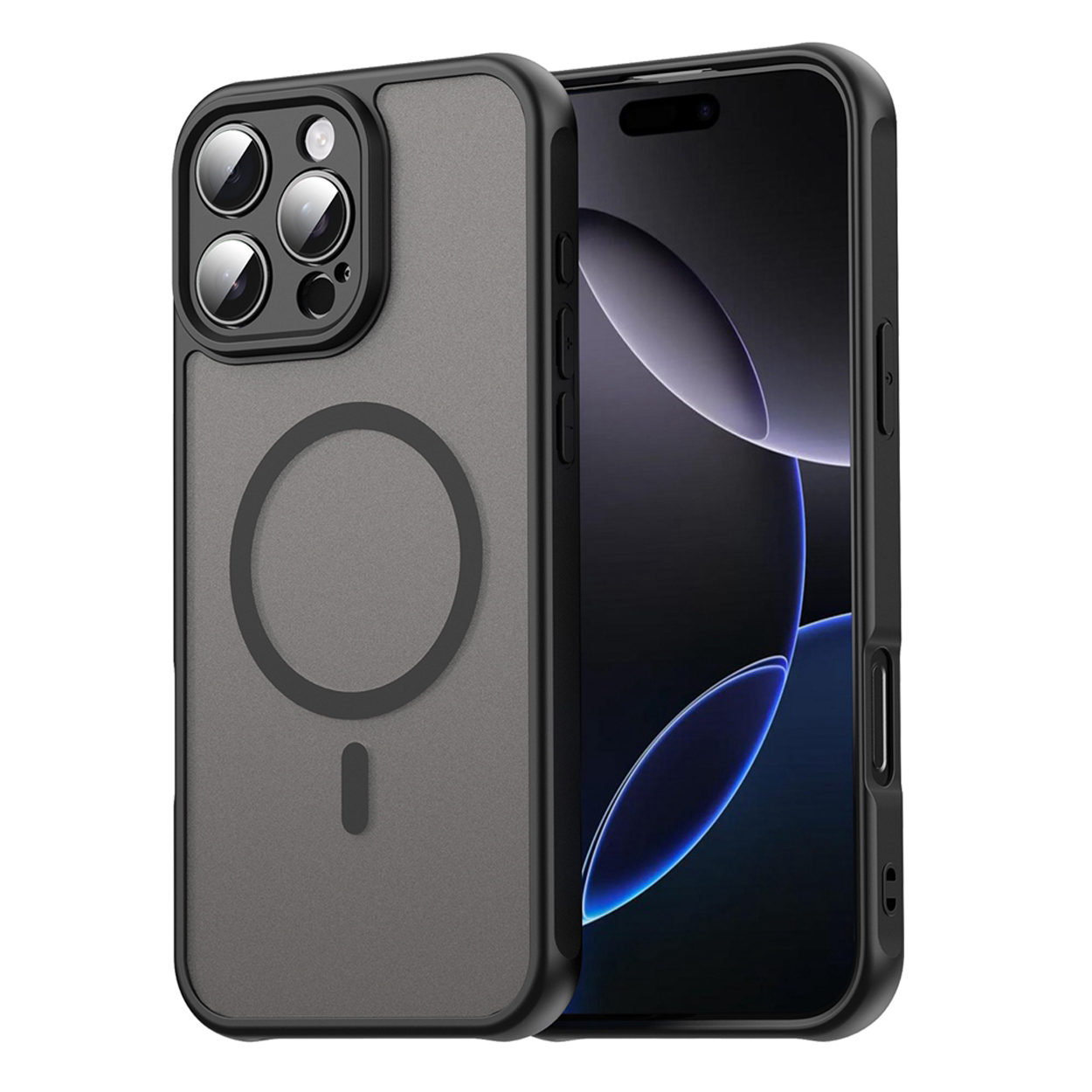 Coque de téléphone noire avec dos gris, cercle noir et un téléphone.