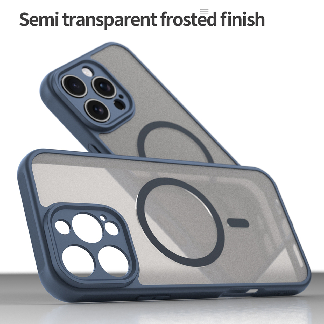 Deux coques de téléphone bleues avec dos gris semi-transparent et cercle noir.