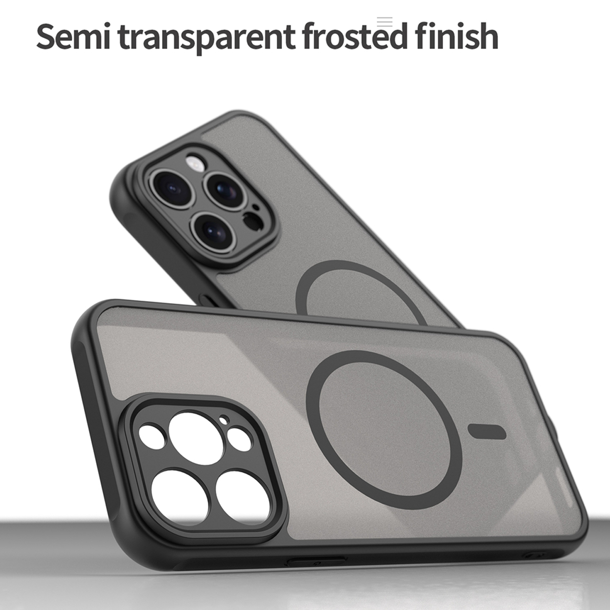 Twee zwarte telefoonhoesjes met semi-transparante grijze achterkanten en zwarte cirkels.