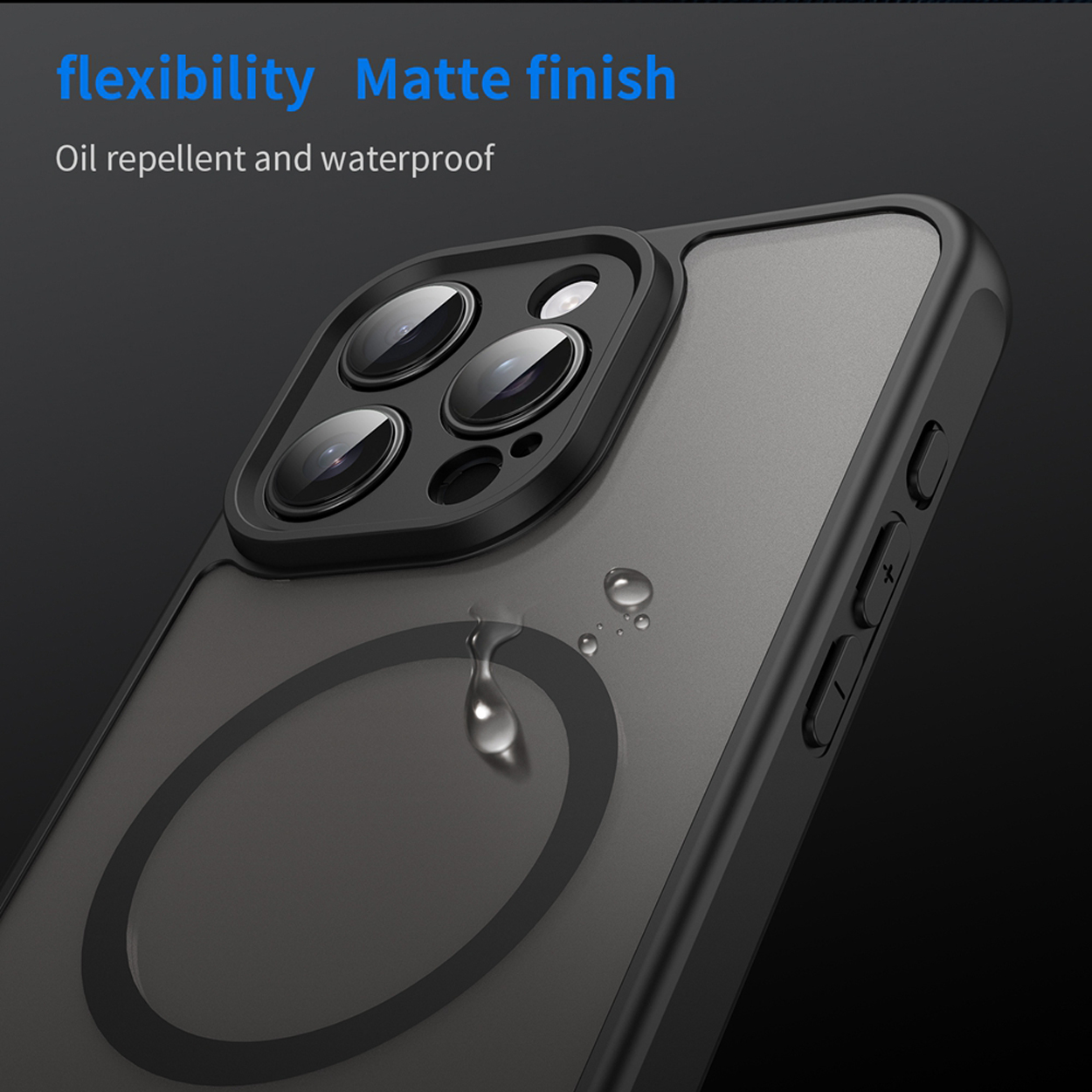Gros plan sur une coque de téléphone noire avec un cadre noir, une goutte d'eau et le texte 'flexibilité'.