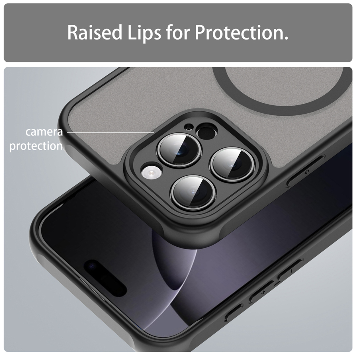 Gros plan sur une coque de téléphone avec bord noir, dos gris et protection de caméra.