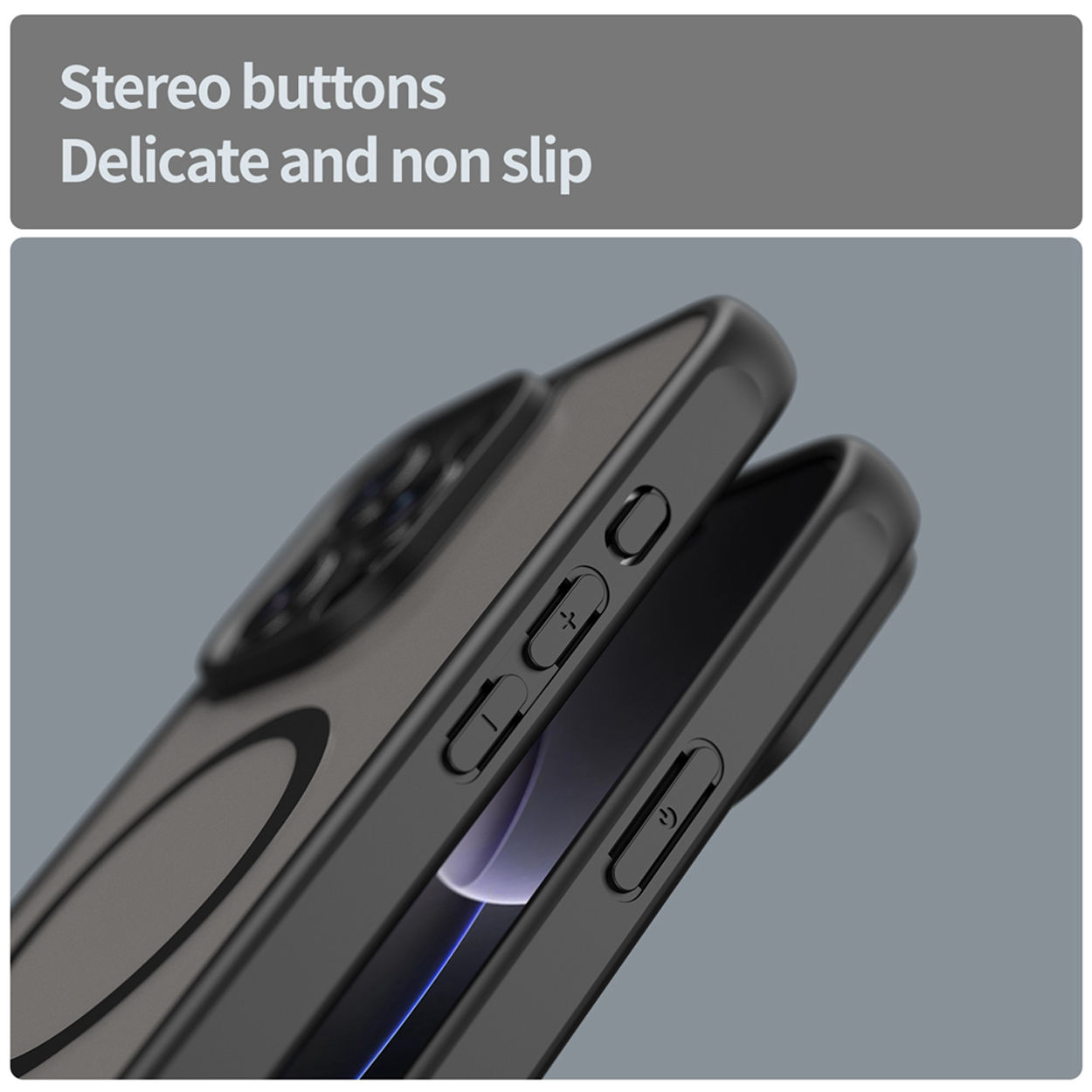 Gros plan du côté du téléphone avec des boutons, étui noir avec un dos givré.