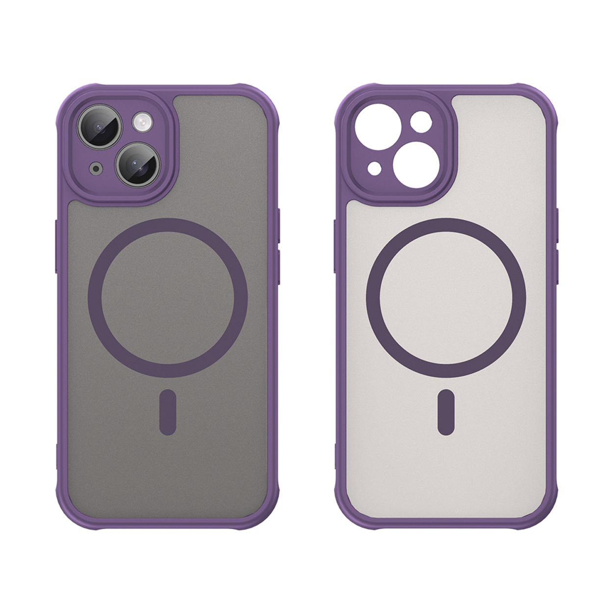 Two phone cases side-by-side, one gray, one white, both with purple borders and circles.