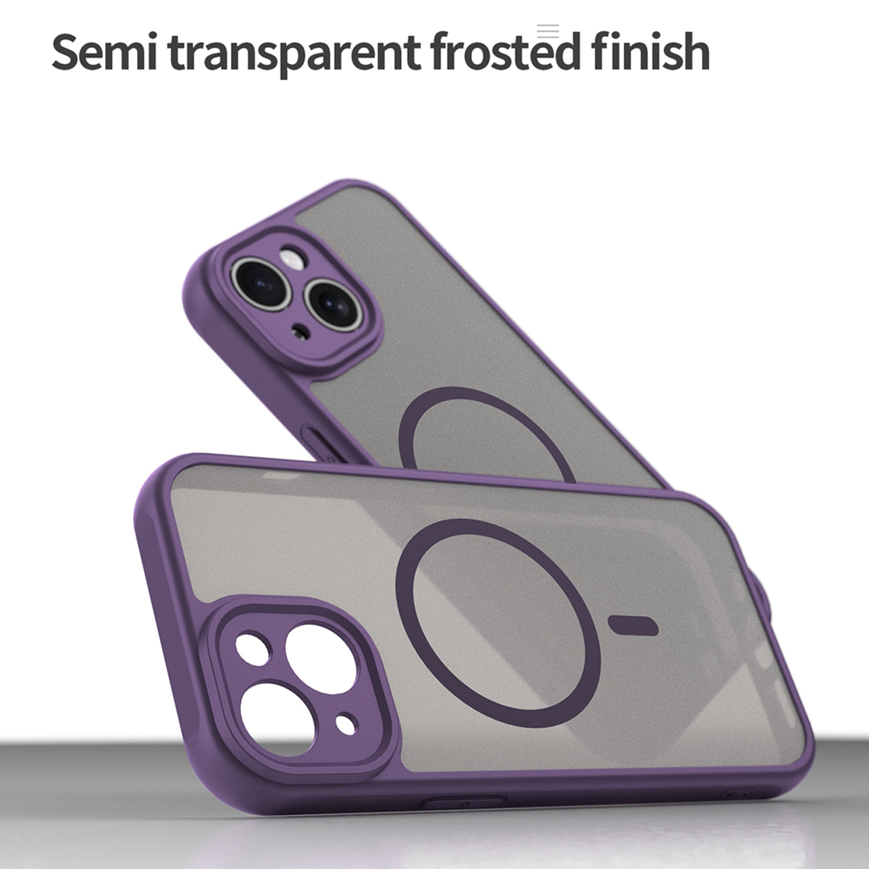 Two stacked purple phone cases. Both have a semi-transparent frosted finish.
