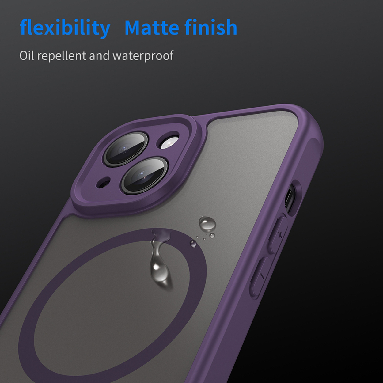 Close-up of a purple phone case with a water drop. The text says 'flexibility' and 'matte finish'.