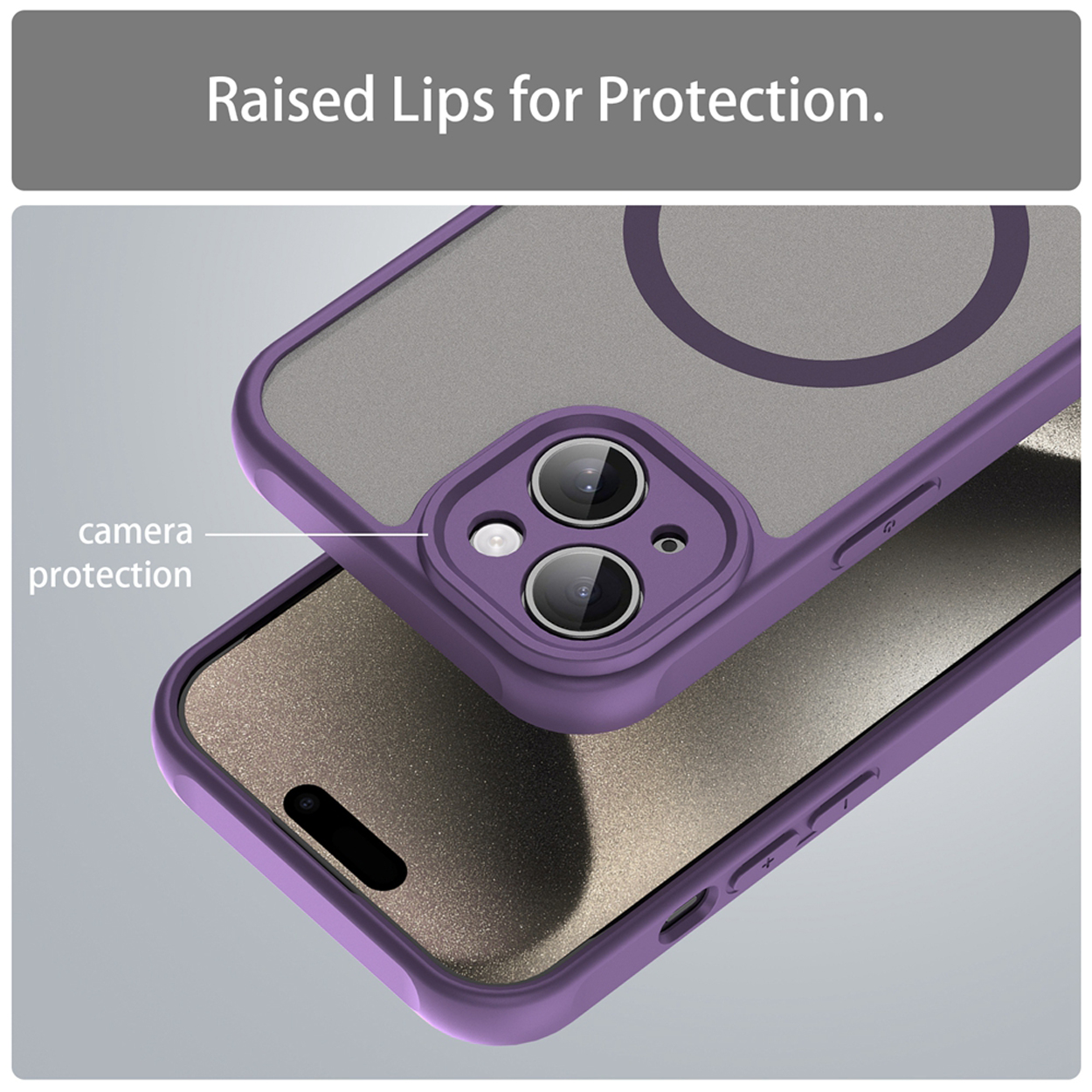 Close-up of a purple phone case with a gray back and camera protection with raised lips.