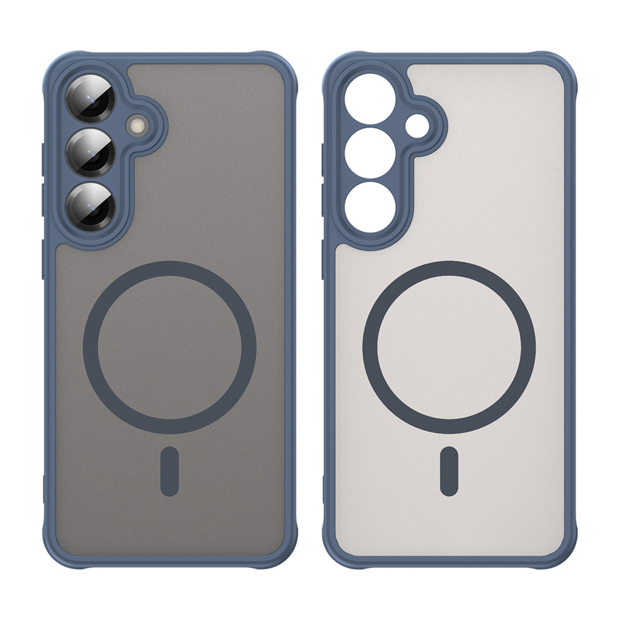 Deux coques de téléphone côte à côte, une grise et une blanche, toutes deux avec des bordures bleues.