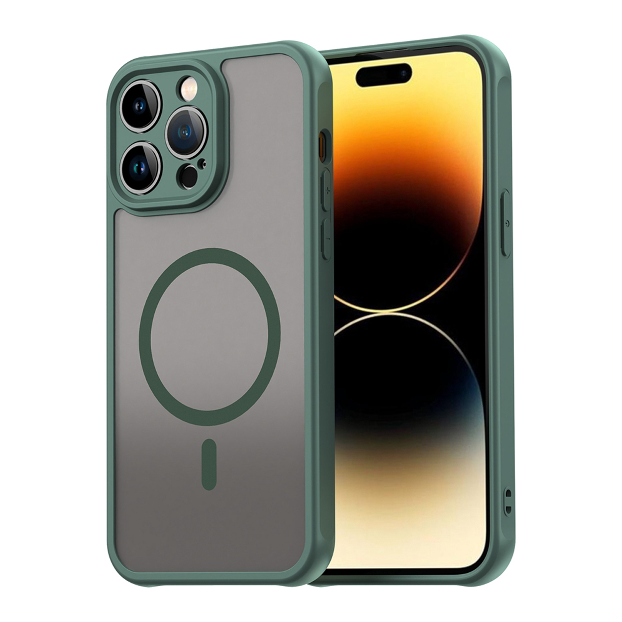 Telefoonhoesje met een groene rand en een telefoon erin. De hoes heeft een doorzichtige achterkant.