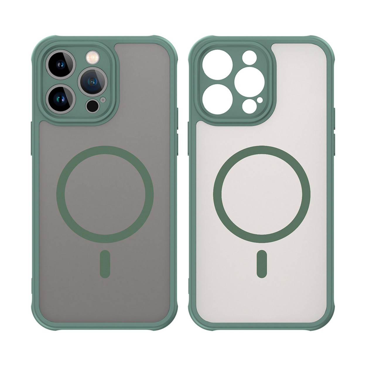 Twee telefoonhoesjes, groene rand, grijze achterkant, met cirkel en een kleine balk.
