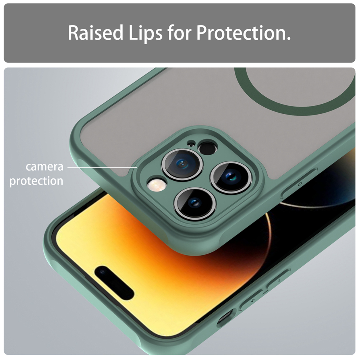 Close-up van een groene telefoonhoes met camerabescherming, de telefoon zit erin.